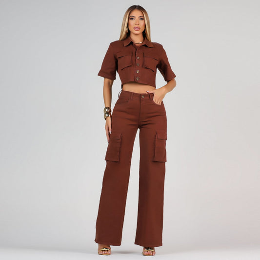 Calça Jeans Modeladora Wide Leg Cargo Marrom - RX4050MR