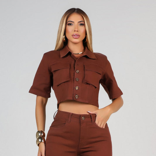 Jaqueta Jeans Cargo Oversize Marrom - RX75