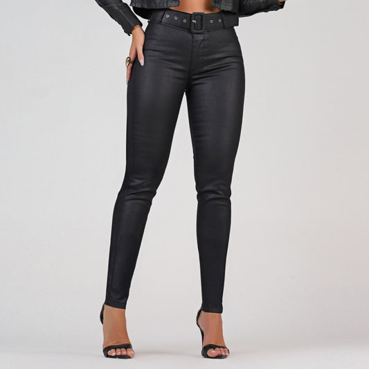 Calça Feminina Jeans Encerado Black com Cinto Customizado - RX6247