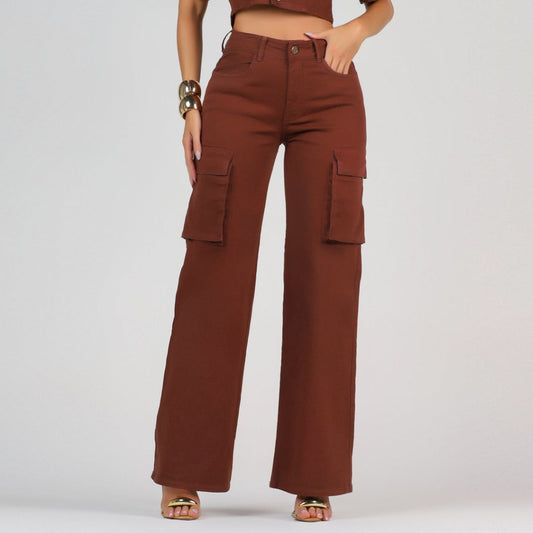 Calça Jeans Modeladora Wide Leg Cargo Marrom - RX4050MR